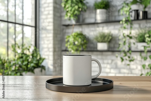 kitchen decor inspiration, a contemporary kitchen design concept featuring a ceramic mug on a metal tray, surrounded by hanging planters