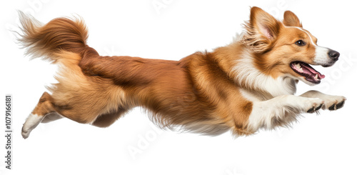 A dog leaping in the air with a biting gesture, isolated on white background