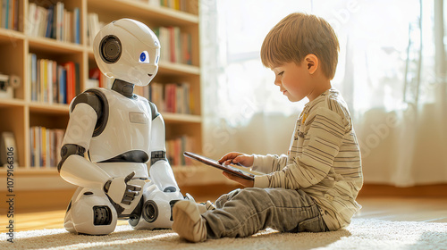 A child and a humanoid robot are sitting on the floor and talking together. Communication human with the robot. Modern technology and everyday life. Future life.