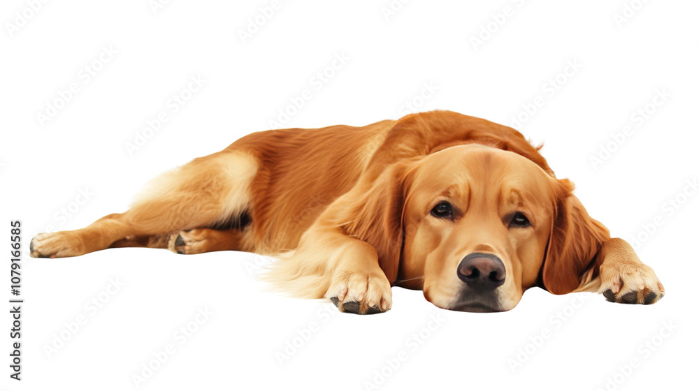 Sad golden retriever dog lying on the floor, isolated on white background, bored and unhappy animal Sad golden retriever dog lying on the floor, isolated on white background, bored and unhappy animal