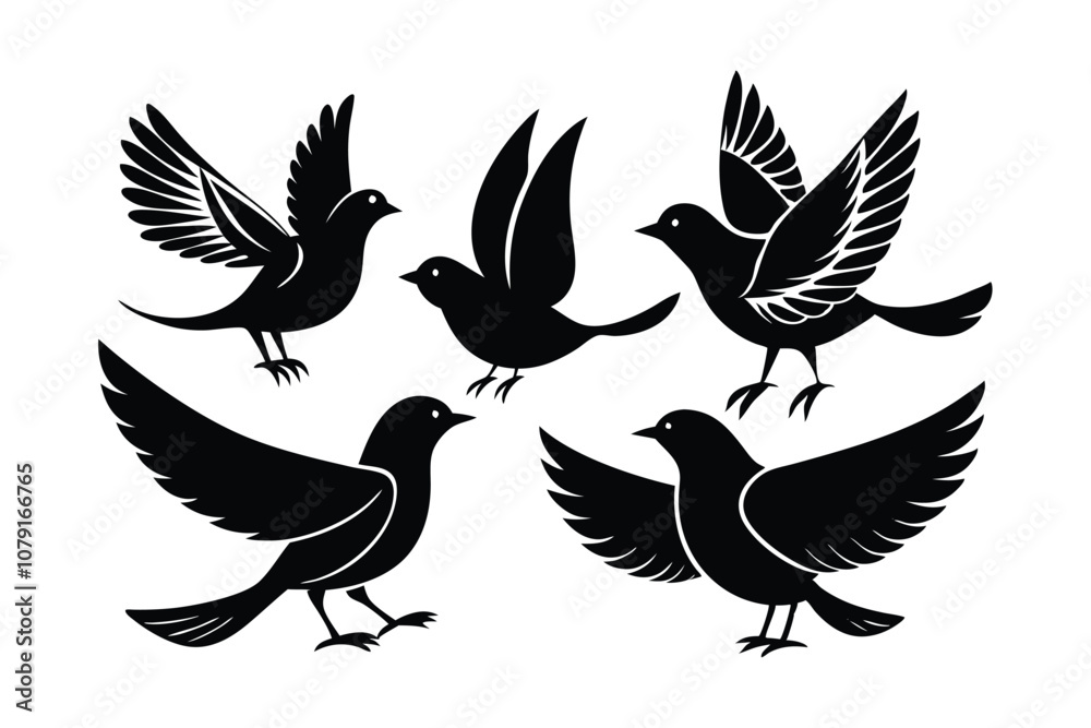 Obraz premium Set of Bird Silhouettes Vector Illustration - Minimalist Wildlife Icons for Nature, Ornithology, and Decorative Flight-Themed Art