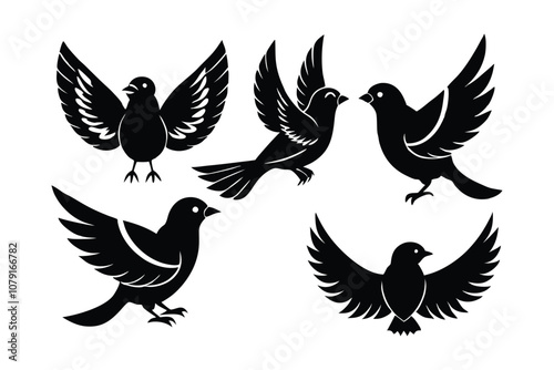 Set of Bird Silhouettes Vector Illustration - Minimalist Wildlife Icons for Nature, Ornithology, and Decorative Flight-Themed Art