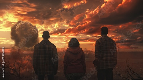 In a desolate landscape, four figures stand frozen, gazing at a towering mushroom cloud rising ominously against a stormy orange sky, capturing the eerie aftermath of a nuclear event