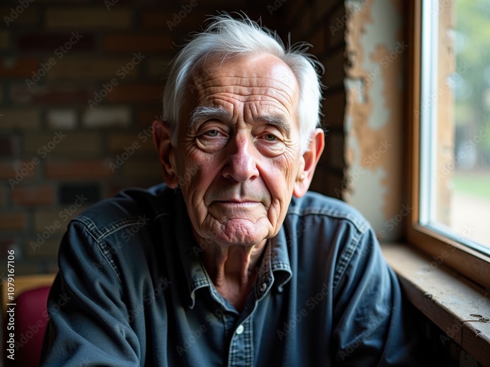 An older gentleman gazes pensively out the window, his face lined with wisdom. The soft light highlights his thoughtful demeanor against a rustic backdrop An older gentleman gazes pensively out the window, his face lined with wisdom. The soft light highlights his thoughtful demeanor against a rustic backdrop