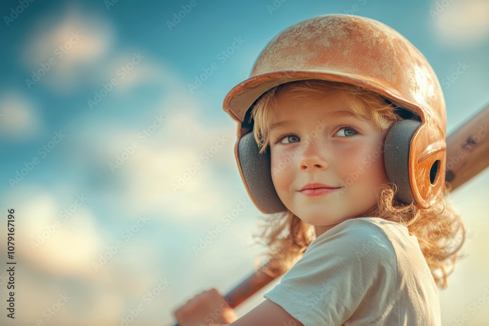 Young child in a baseball helmet holds a bat while looking towards the sky on a sunny day Young child in a baseball helmet holds a bat while looking towards the sky on a sunny day