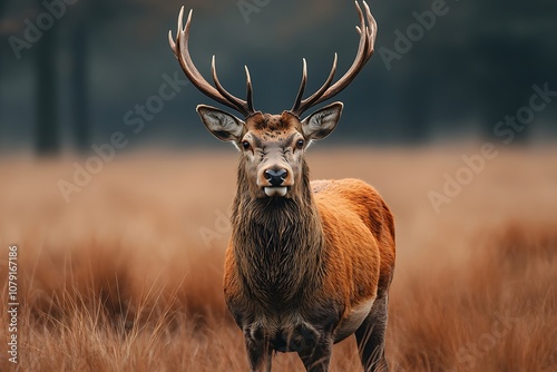 Red Deer Stag with Large Antlers in Grassy Field photo