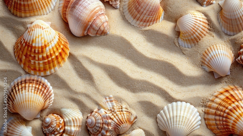 Colorful seashells scattered on sandy beach, capturing nature's beauty and coastal charm. Colorful seashells scattered on sandy beach, capturing nature's beauty and coastal charm.