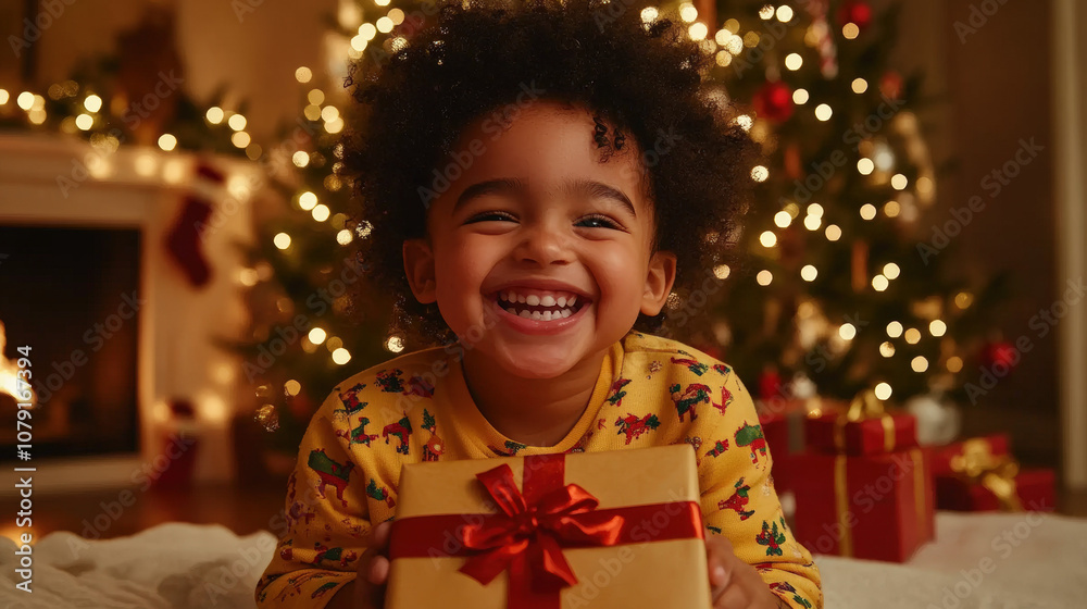 A happy child in festive pajamas holds a wrapped Christmas present, surrounded by gifts and decorations by a lit tree and fireplace.
A happy child in festive pajamas holds a wrapped Christmas present, surrounded by gifts and decorations by a lit tree and fireplace.