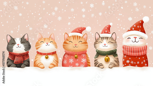 Festive Christmas Scene with Smiling Family Cats photo