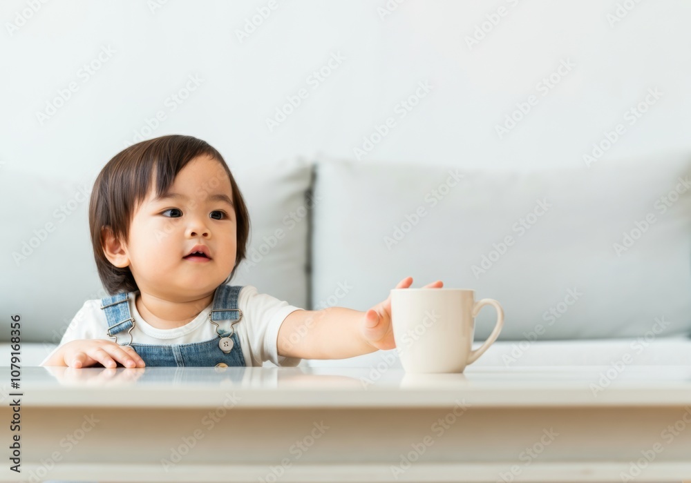 Curious Asian toddler reaching for a mug on a minimalist coffee table Curious Asian toddler reaching for a mug on a minimalist coffee table