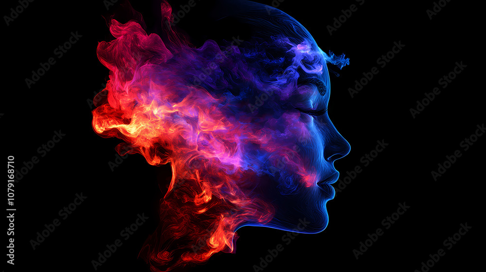 Vivid face silhouette in dynamic fluid explosion art. Mystique. Illustration