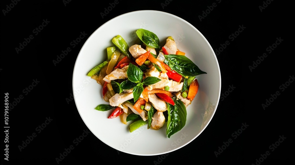 Vibrant Thai Basil Stir-Fry with Chicken and Vegetables - Top View of Colorful and Textured Dish Vibrant Thai Basil Stir-Fry with Chicken and Vegetables - Top View of Colorful and Textured Dish