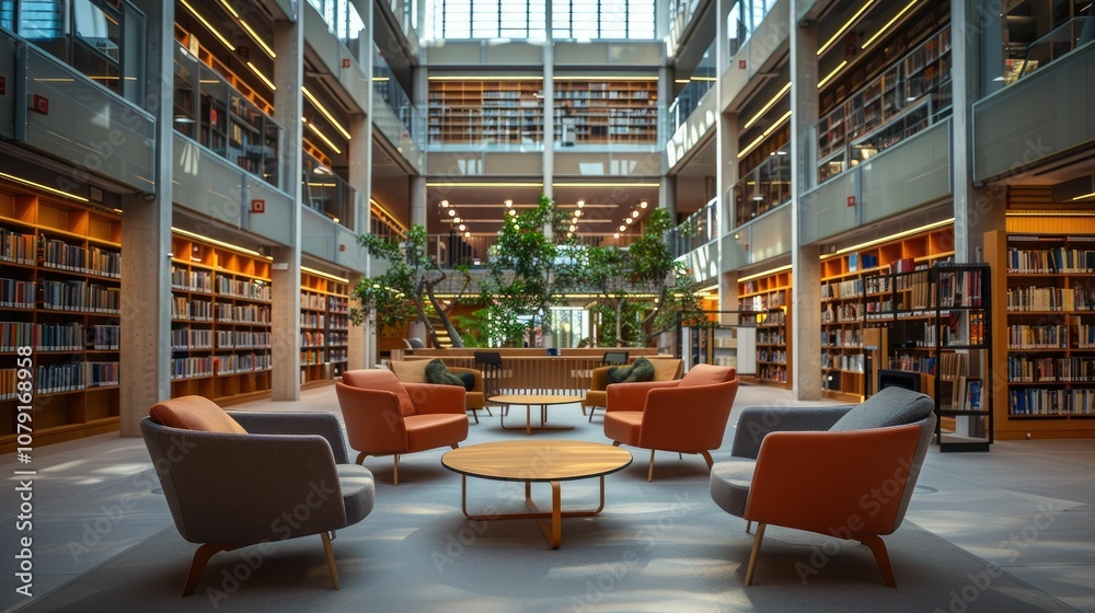 Naklejka premium Modern library interior with cozy seating and abundant natural light and greenery.