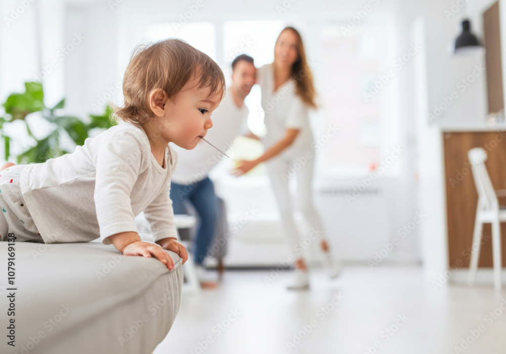 Child safety awareness: baby with a sharp object in his mouth on the sofa in a bright room with worried parents in the background Child safety awareness: baby with a sharp object in his mouth on the sofa in a bright room with worried parents in the background