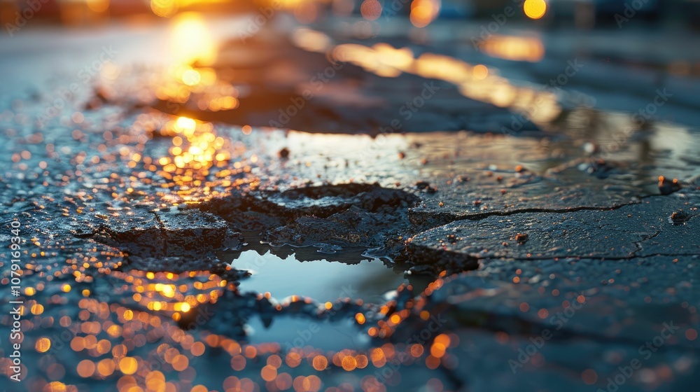 Reflection of sunset in a pothole on a wet asphalt road, showcasing urban decay. Reflection of sunset in a pothole on a wet asphalt road, showcasing urban decay.