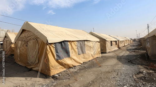 Row of temporary tents in a makeshift settlement under a clear blue sky.