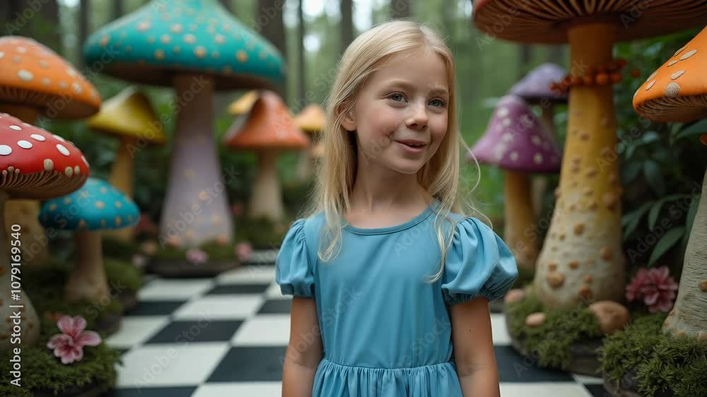Alice in Wonderland. A young girl in a blue dress walks down a stone path lined with giant, colorful mushrooms in a misty forest. The whimsical scene evokes a sense of wonder, as if she's journeying i Alice in Wonderland. A young girl in a blue dress walks down a stone path lined with giant, colorful mushrooms in a misty forest. The whimsical scene evokes a sense of wonder, as if she's journeying i