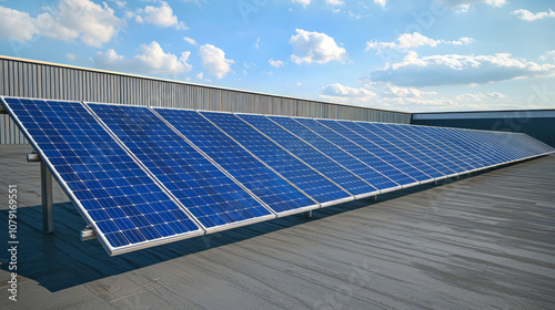 Solar panels are installed on the roof of industrial building on the blue sky with white clouds background. Conception of sustainable energy. Alternative energy. Environment conservation.