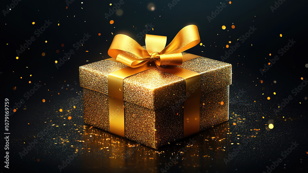 Elegant gift box with golden ribbon on black background for Black Friday sale promotion Elegant gift box with golden ribbon on black background for Black Friday sale promotion