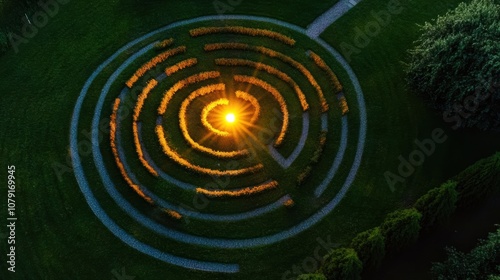 A labyrinth with a glowing exit, symbolizing finding a solution to a complex problem photo