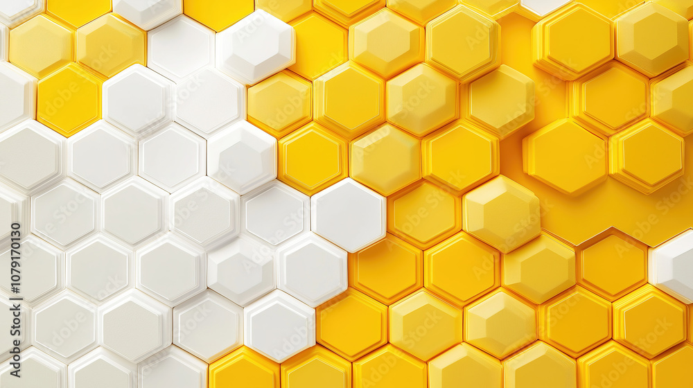 Hexagon honeycomb wallpaper in warm yellow and white, repeating pattern for a playful, modern look, perfect for kitchens or playful living rooms.