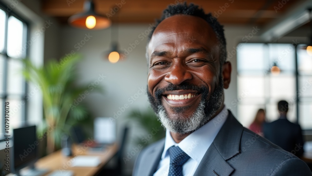 A professional man with a graying beard beams with confidence in a stylish office. Natural light floods the modern workspace, creating an inviting atmosphere A professional man with a graying beard beams with confidence in a stylish office. Natural light floods the modern workspace, creating an inviting atmosphere