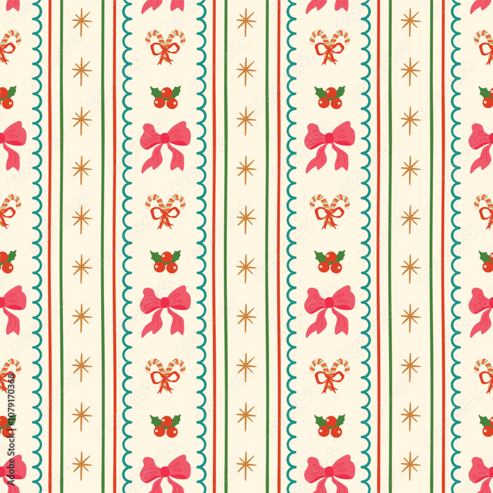 Christmas coquette seamless pattern with pink bows ribbon, vertical stripes, cute vertical stripes. Vector winter holiday grandmillennial wallpaper, retro bow knots hand drawn background, wrap paper. Christmas coquette seamless pattern with pink bows ribbon, vertical stripes, cute vertical stripes. Vector winter holiday grandmillennial wallpaper, retro bow knots hand drawn background, wrap paper.
