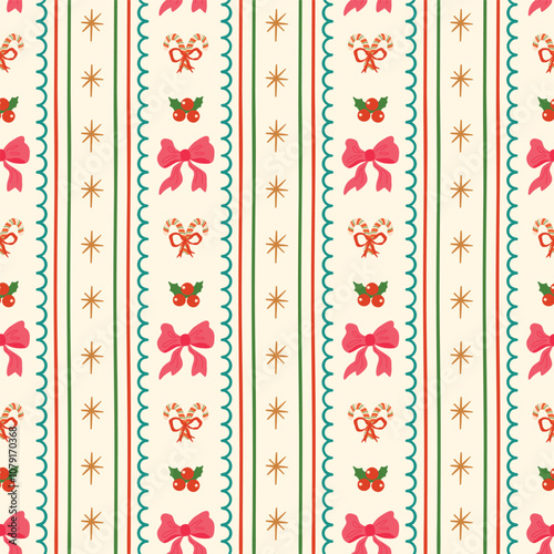 Christmas coquette seamless pattern with pink bows ribbon, vertical stripes, cute vertical stripes. Vector winter holiday grandmillennial wallpaper, retro bow knots hand drawn background, wrap paper.