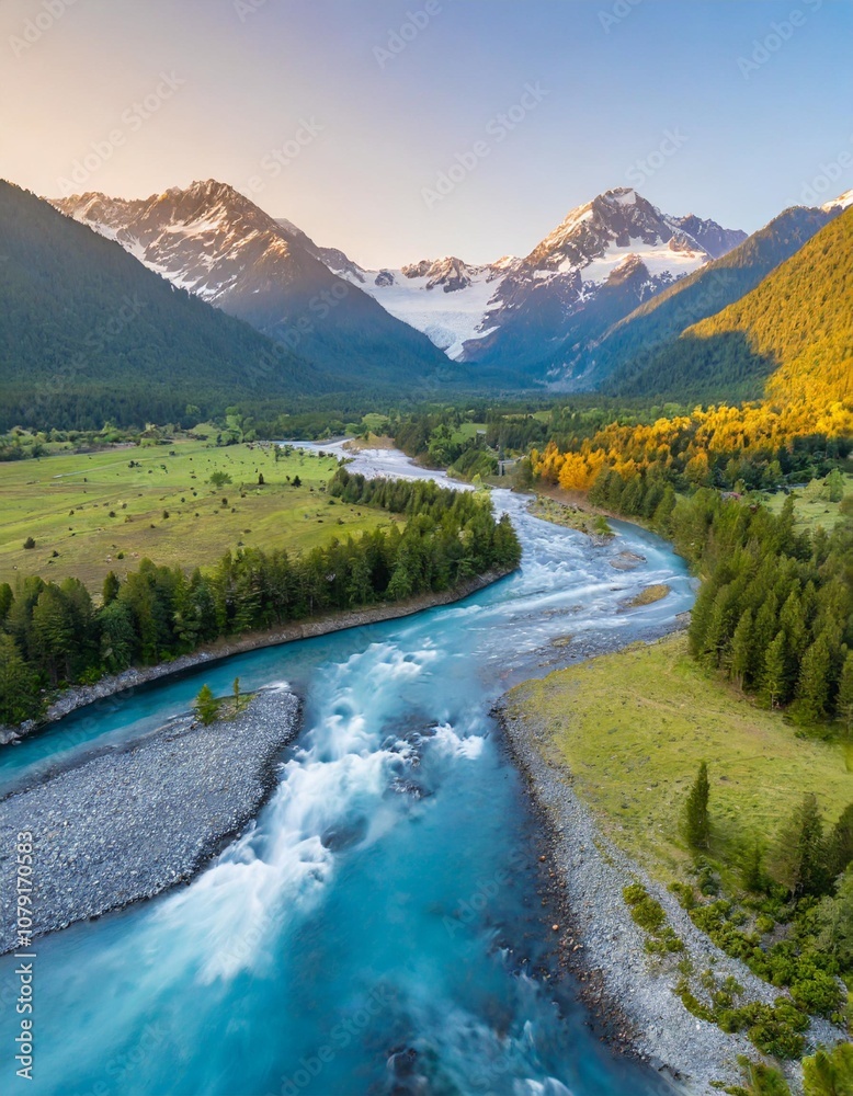 Fototapeta premium Clear Blue River Flowing Through a Lush Green Valley Surrounded by Towering Snow-Capped Mountains and Pine Forests, Captured at Sunrise for a Majestic Landscape Scene