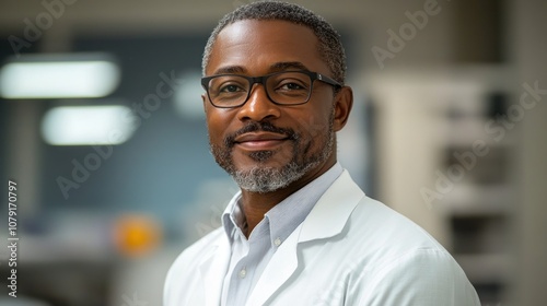 A smiling African American doctor wearing glasses in a lab coat.