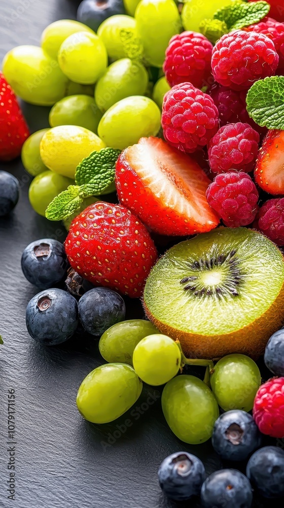 Obraz premium A vibrant assortment of fresh fruits including strawberries, raspberries, blueberries, grapes, and kiwi, arranged beautifully on a dark surface.