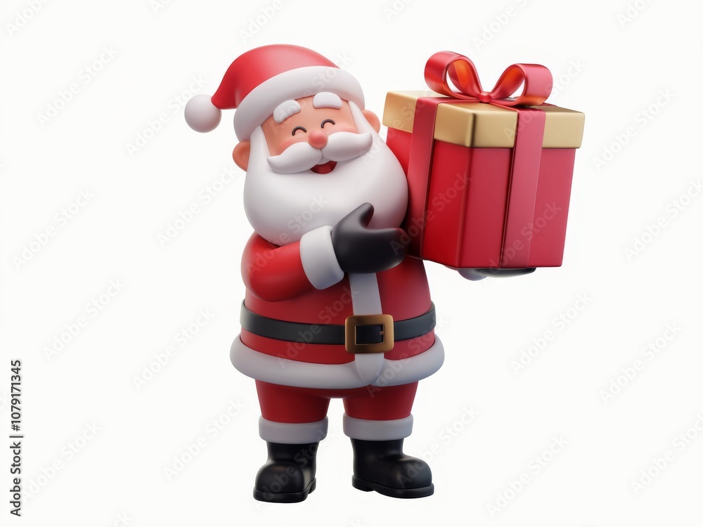 3D Cheerful Santa Claus in Red Suit with White Beard and Large Gift Present against White Background 3D Cheerful Santa Claus in Red Suit with White Beard and Large Gift Present against White Background