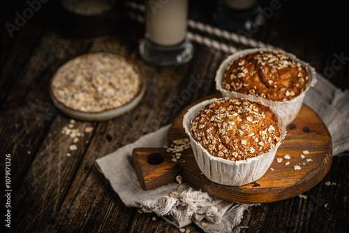 Home Baked Superfood Muffins With Oats, Seeds, Banana, Honey and nut milk. Healthy food and health life