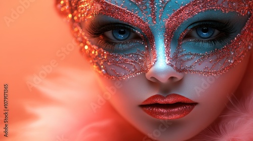 Elegant Venetian carnival mask with colorful feathers and golden details, AI generated