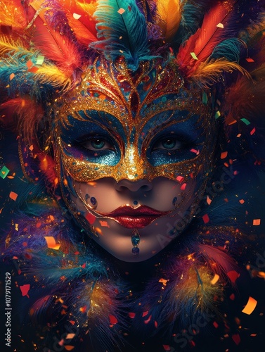 Elegant Venetian carnival mask with colorful feathers and golden details, AI generated