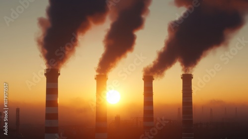 Industrial Smokestacks Emitting Smoke at Sunrise Above Cloud Layer. Air Pollution and Climate Change Concept