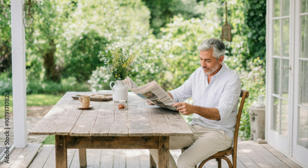 Man relaxing with newspaper on porch in serene garden ambiance Man relaxing with newspaper on porch in serene garden ambiance