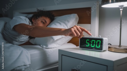 Early Morning Wake-Up Routine with Digital Alarm Clock on Nightstand photo