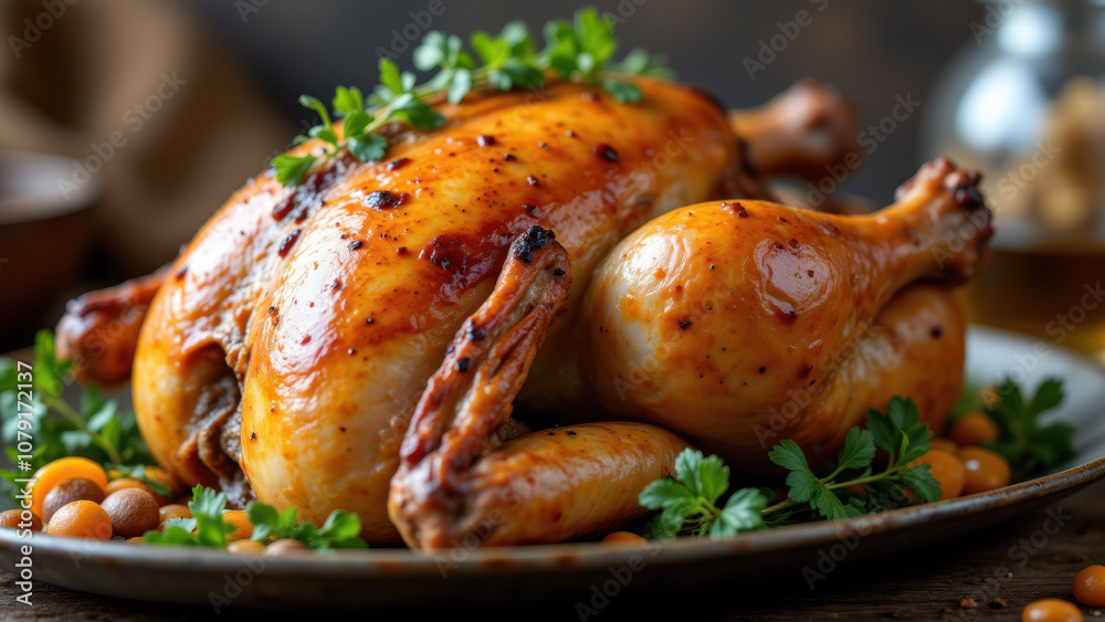 Juicy roasted chicken with herbs and beans on rustic wooden table. Juicy roasted chicken with herbs and beans on rustic wooden table.