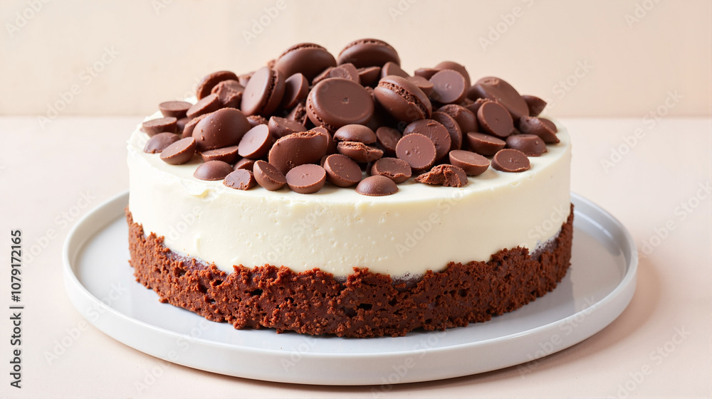Chocolate and cream layered cake with chocolate pieces Chocolate and cream layered cake with chocolate pieces