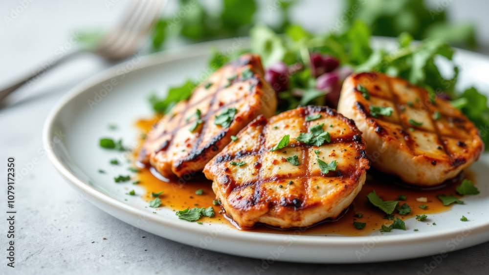 A delicious plate of grilled chicken with a savory sauce, garnished with fresh greens on a rustic wooden table. A delicious plate of grilled chicken with a savory sauce, garnished with fresh greens on a rustic wooden table.
