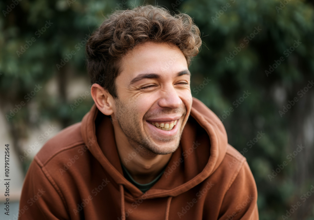 Cheerful young man in brown hoodie smiling outdoors Cheerful young man in brown hoodie smiling outdoors