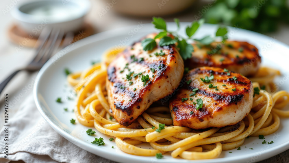 A plate of delicious grilled chicken served with noodles garnished with chopped parsley, perfect for a carnivore diet meal. A plate of delicious grilled chicken served with noodles garnished with chopped parsley, perfect for a carnivore diet meal.