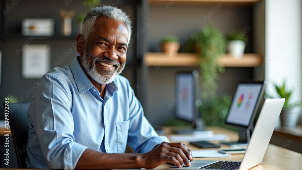 An older man is actively engaging with his laptop, smiling warmly while seated in a bright, modern office adorned with plants and colorful artwork An older man is actively engaging with his laptop, smiling warmly while seated in a bright, modern office adorned with plants and colorful artwork