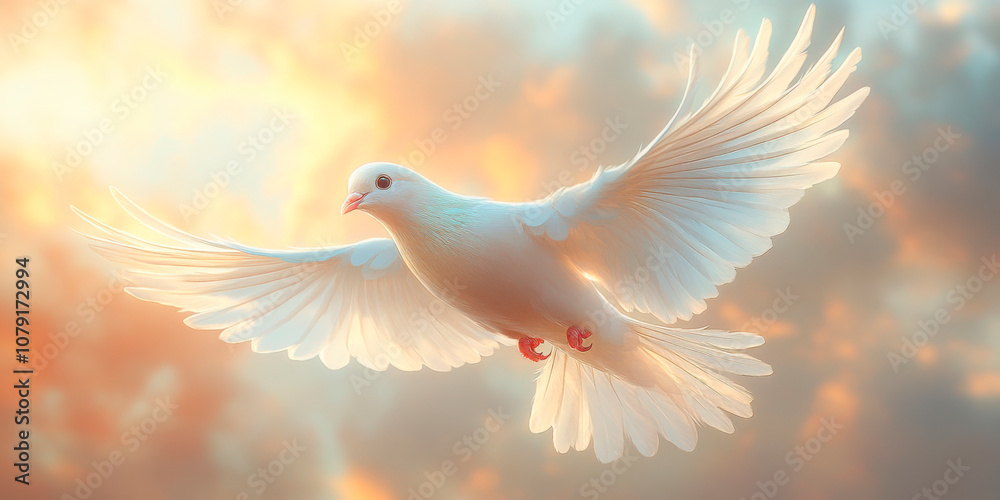 Obraz premium Ethereal white dove soaring against a fiery sunset, symbolizing hope and peace in a serene sky