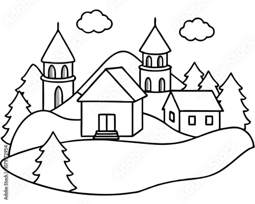 Village Coloring Page with White Background