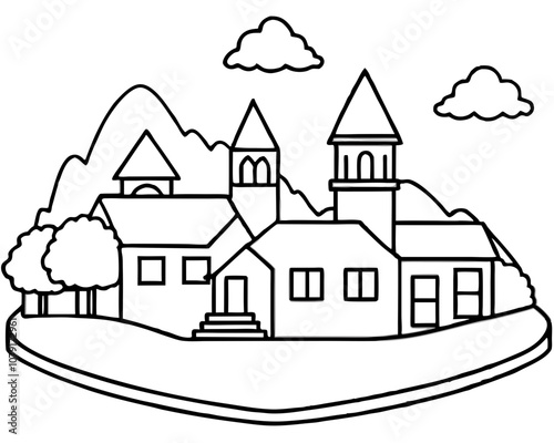 Village Coloring Page with White Background photo