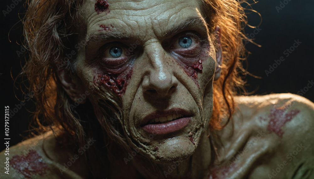A close-up shot of a zombie with blue eyes looking directly at the camera A close-up shot of a zombie with blue eyes looking directly at the camera