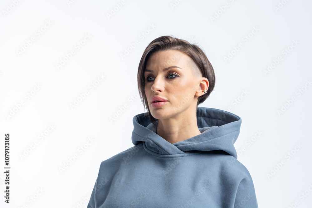 Portrait beautiful woman of model appearance. Girl in grey sweatshirt on grey background. Pretty female with trendy makeup posing in studio. Portrait beautiful woman of model appearance. Girl in grey sweatshirt on grey background. Pretty female with trendy makeup posing in studio.