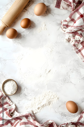 Baking background at light white stone table, flour and sugar and eggs and rolling pin and modenr baking towel around the sides photo